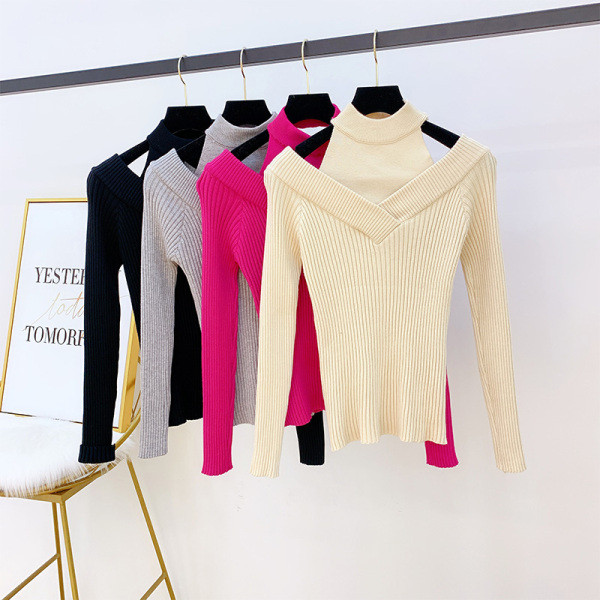 Női pulóver polo gallérral és kivágásokkal ciklámen, bézs, szürke és fekete színben