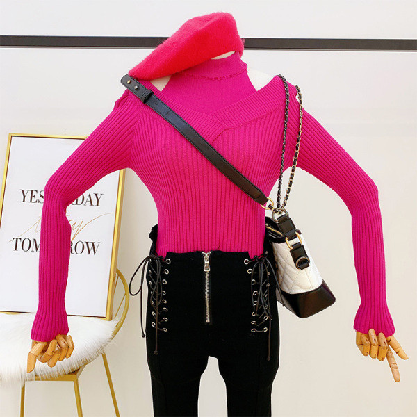 Női pulóver polo gallérral és kivágásokkal ciklámen, bézs, szürke és fekete színben