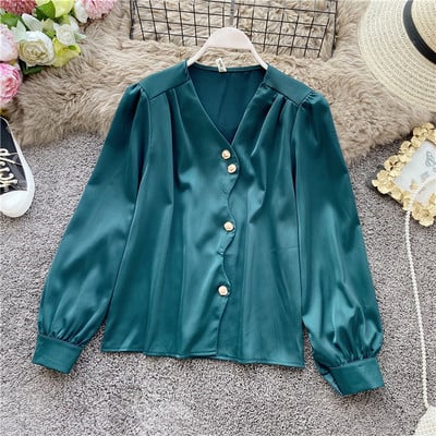 Modern női szatén ing spitz nyakkivágással, több színben