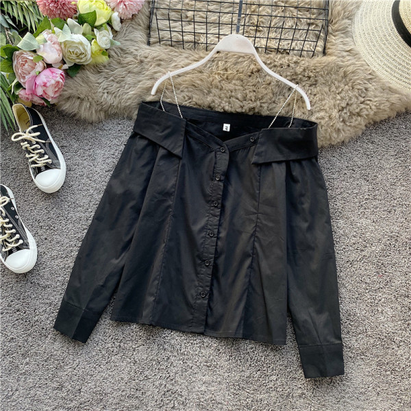 Modern női ing csupasz váll és hosszú ujjú fekete-fehér színben