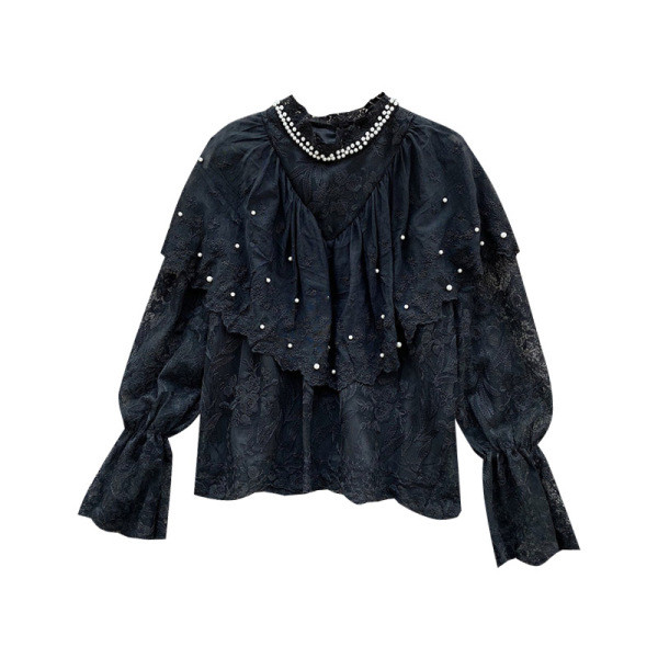 Modern női csipke ing fehér és fekete gyöngyökkel