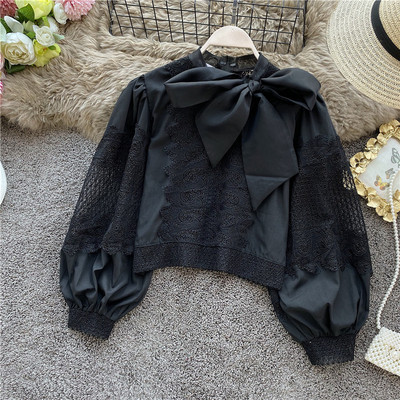 Modern női ing szalaggal és hímzéssel fehér és fekete színben