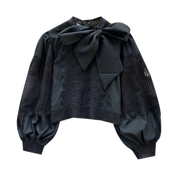 Modern női ing szalaggal és hímzéssel fehér és fekete színben