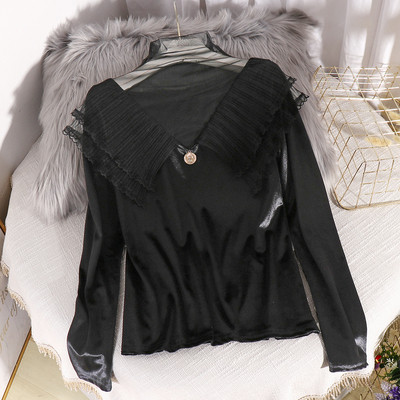 Modern női blúz tüll gallérral Karcsú modell fekete-fehér színben