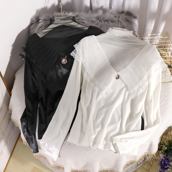 Modern női blúz tüll gallérral Karcsú modell fekete-fehér színben