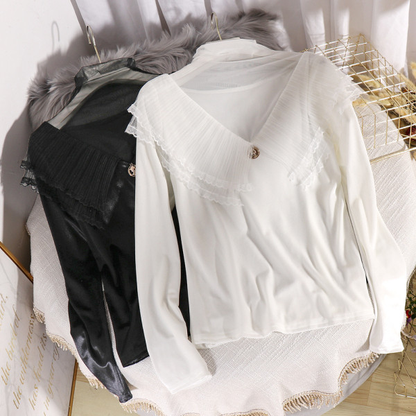 Modern női blúz tüll gallérral Karcsú modell fekete-fehér színben