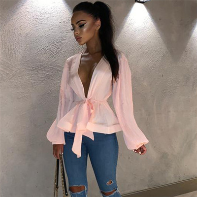 Stílusos női ing mély spitz nyakkivágással, rózsaszín és sárga színben