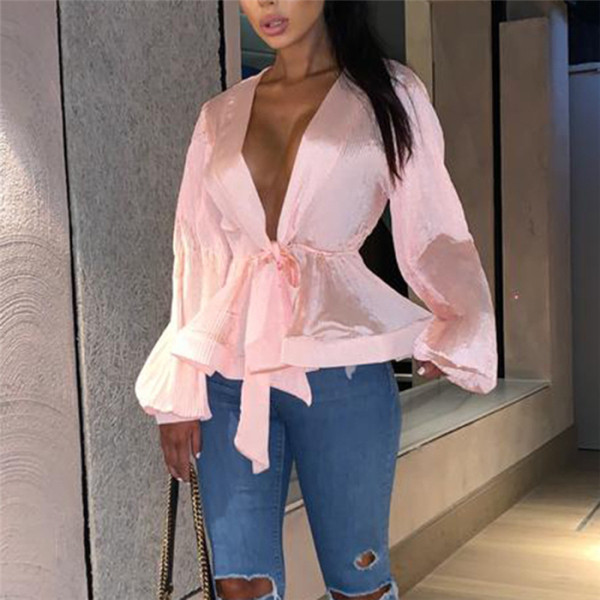 Stílusos női ing mély spitz nyakkivágással, rózsaszín és sárga színben