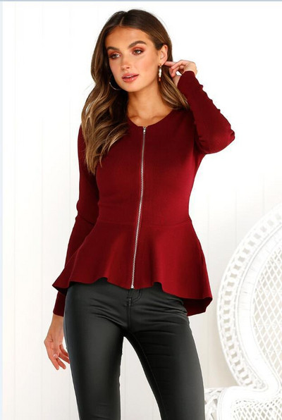 Modern női őszi kabát cipzárral és O-nyakú négy színben