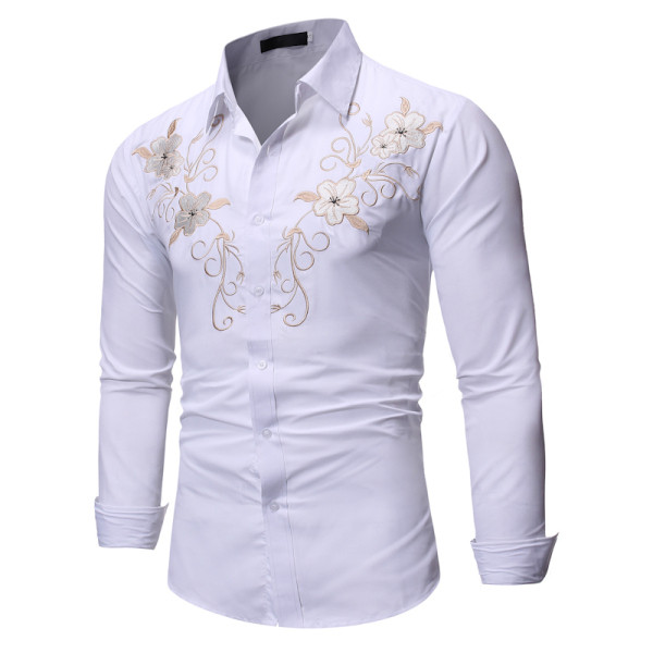 Modern férfi ing klasszikus gallérral és fekete-fehér hímzéssel