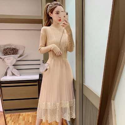 Hosszú női téli ruha fekete és bézs színű csipkével