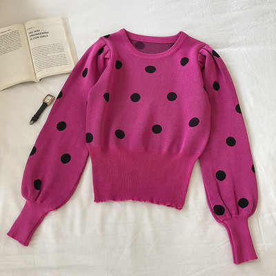 Modern női pulóver ovális nyakkivágással, hosszú ujjakkal, több színű pöttyökkel