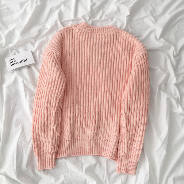 Rózsaszín és barna színű női pulóver, hosszú ujjal és ovális nyakkivágással