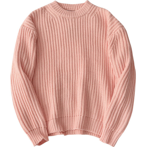 Rózsaszín és barna színű női pulóver, hosszú ujjal és ovális nyakkivágással