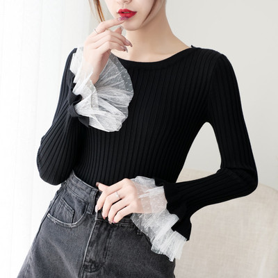 Modern női pulóver lótusz ujjal és tüllrel