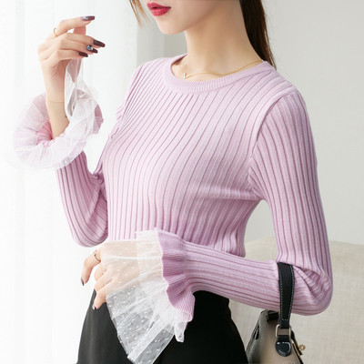 Modern női pulóver lótusz ujjal és tüllrel