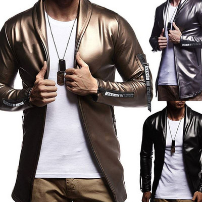 НОВ модел мъжко яке от еко кожа без закопчаване с джобове в сребрист,златист и черен цвят 