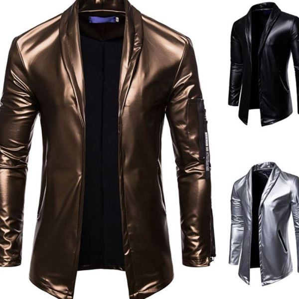 ΝΕΟ μοντέλο  ανδρικό μπουφάν από οικολογικό δέρμα χωρίς  κουμπιά με τσέπες σε ασημί, χρυσό και μαύρο χρώμα