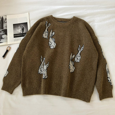 Γυναικείο casual πουλόβερ με κουνέλι εφαρμογών και οβάλ λαιμόκοψη σε τρία χρώματα