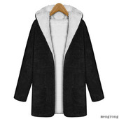 Γυναικείο καθημερινό μακρύ παλτό με κουκούλα και μαλακή  επένδυση σε μαύρο και κόκκινο χρώμα