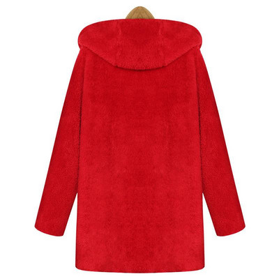 Γυναικείο καθημερινό μακρύ παλτό με κουκούλα και μαλακή  επένδυση σε μαύρο και κόκκινο χρώμα