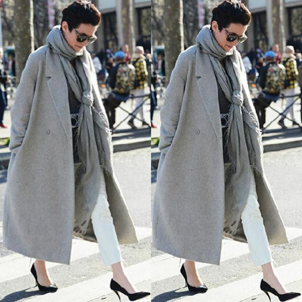 Елегантно дамско дълго палто с копчета подходящо за есента и зимата в сив цвят 