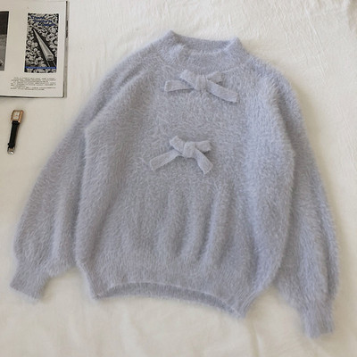 Modern női bolyhos pulóver ovális nyakkivágással és szalaggal