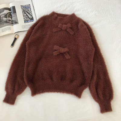 Modern női bolyhos pulóver ovális nyakkivágással és szalaggal