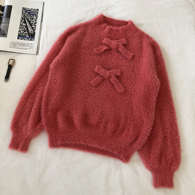 Modern női bolyhos pulóver ovális nyakkivágással és szalaggal