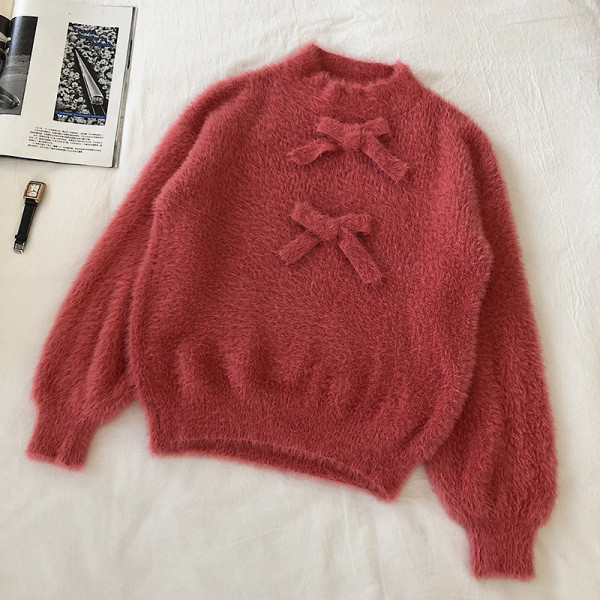 Modern női bolyhos pulóver ovális nyakkivágással és szalaggal