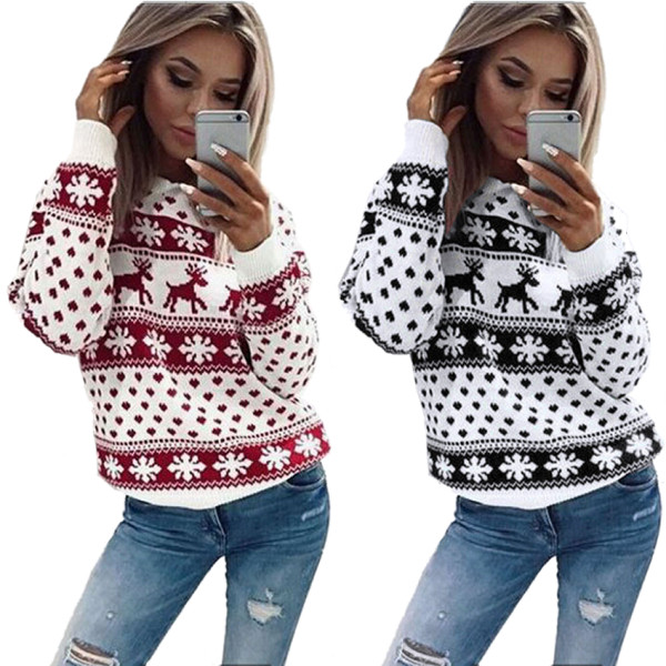 Divatos női karácsonyi pulóver O-nyakú, hosszú ujjú piros és fekete színben