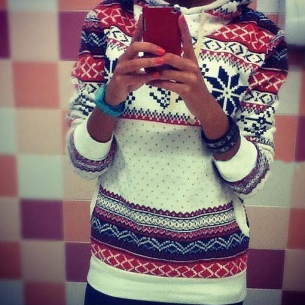 Női alkalmi karácsonyi pulóver kapucnival és hosszú ujjú fehér színben