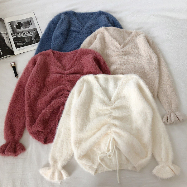 Casual γυναικείο πουλόβερ με λαιμόκοψη και δεσμούς σε διάφορα χρώματα