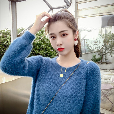 Női pulóver fehér és kék színben, O-nyakú és hosszú ujjú