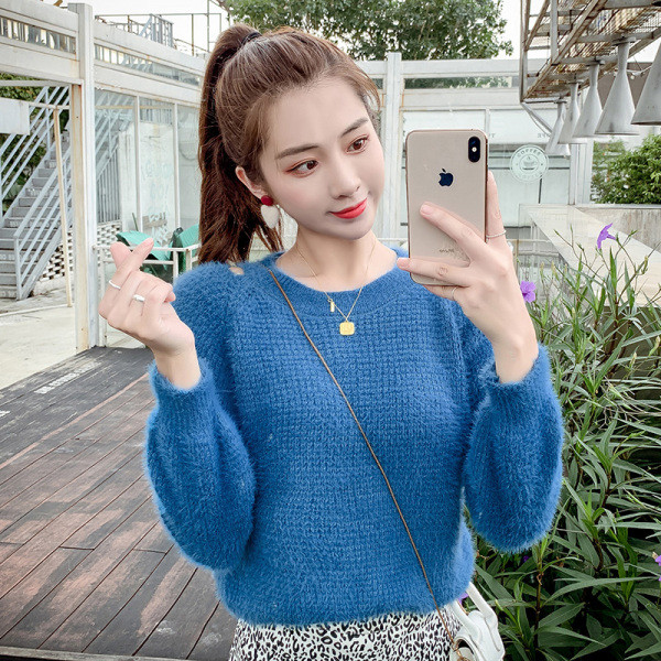 Női pulóver fehér és kék színben, O-nyakú és hosszú ujjú