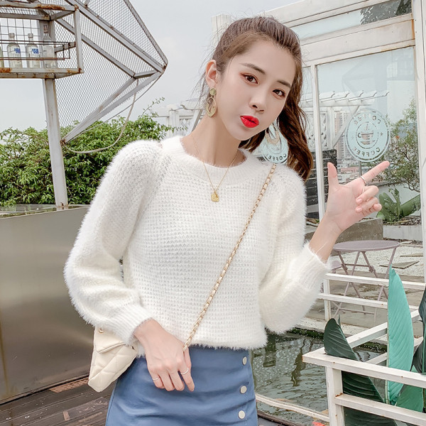 Női pulóver fehér és kék színben, O-nyakú és hosszú ujjú