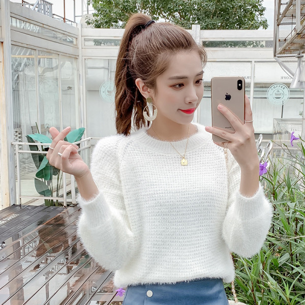 Női pulóver fehér és kék színben, O-nyakú és hosszú ujjú