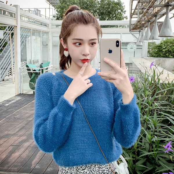 Női pulóver fehér és kék színben, O-nyakú és hosszú ujjú