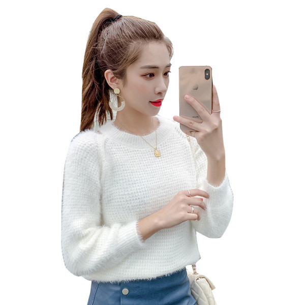 Női pulóver fehér és kék színben, O-nyakú és hosszú ujjú