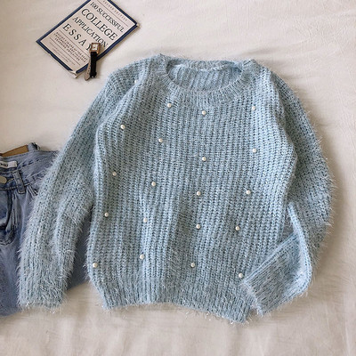 Alkalmi női pulóver ovális nyakkivágással és gyöngyökkel több színben