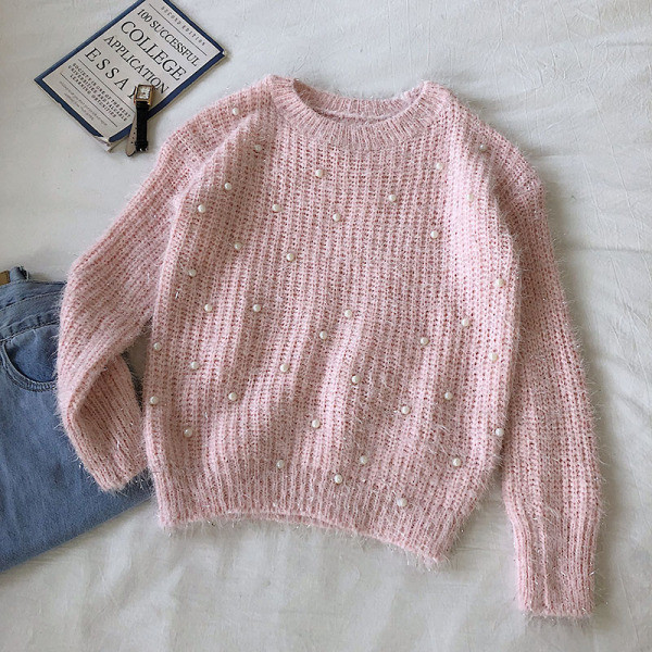 Alkalmi női pulóver ovális nyakkivágással és gyöngyökkel több színben