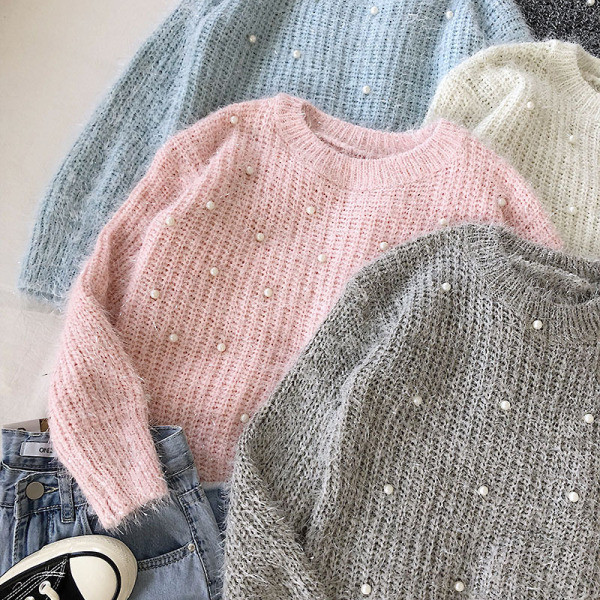 Alkalmi női pulóver ovális nyakkivágással és gyöngyökkel több színben