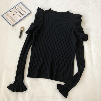 Μοντέρνο γυναικείο πουλόβερ με βολάν και λαιμόκοψη O σε διάφορα χρώματα