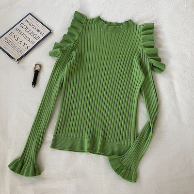 Μοντέρνο γυναικείο πουλόβερ με βολάν και λαιμόκοψη O σε διάφορα χρώματα