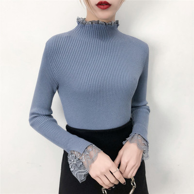 Γυναικείο πουλόβερ με κολάρο και δαντέλα σε μπεζ, μπλε, άσπρο, μαύρο και ροζ χρώμα