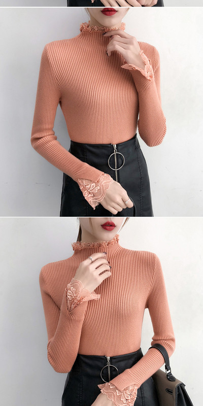 Γυναικείο πουλόβερ με κολάρο και δαντέλα σε μπεζ, μπλε, άσπρο, μαύρο και ροζ χρώμα