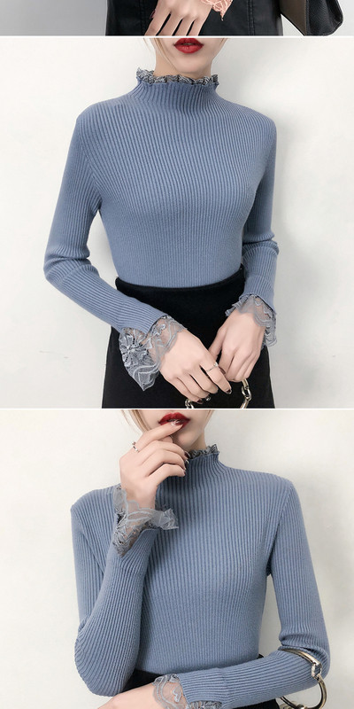 Γυναικείο πουλόβερ με κολάρο και δαντέλα σε μπεζ, μπλε, άσπρο, μαύρο και ροζ χρώμα