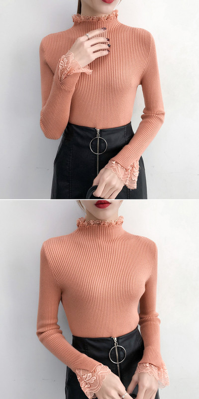 Γυναικείο πουλόβερ με κολάρο και δαντέλα σε μπεζ, μπλε, άσπρο, μαύρο και ροζ χρώμα