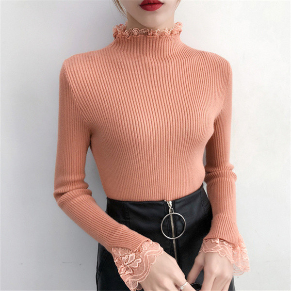 Γυναικείο πουλόβερ με κολάρο και δαντέλα σε μπεζ, μπλε, άσπρο, μαύρο και ροζ χρώμα