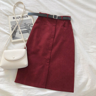 Κομψή γυναικεία φούστα με  ψηλή μέση και κουμπιά σε μπεζ, καφέ, μαύρο και μπορντό χρώμα